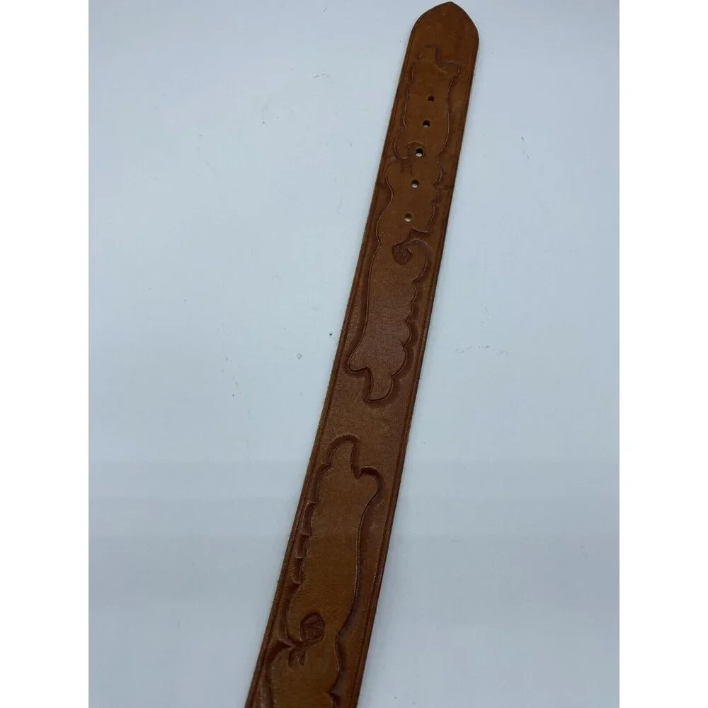 Brown Women's Embossed Belt Genuine Leather Size 26 Brass Buckle - Picture 5 of 16